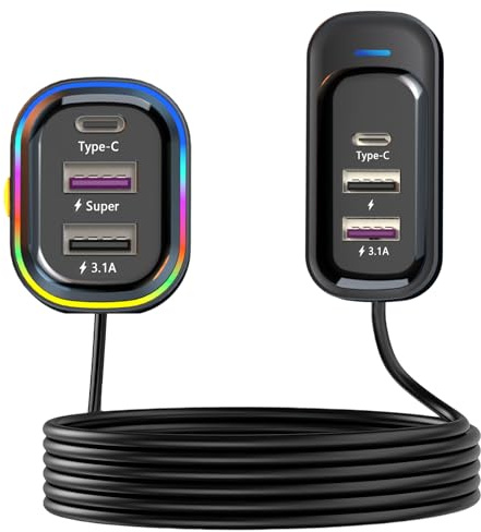 USB C Car Charger, 81W Multiport 6-Port PD & QC3.0 Fast Charger for Multiple Devices, Cigarette Lighter Adapter Car Travel Essentials with 1.5M Cable, Compatible with iPhone 15/15, iPad/Samsung S25