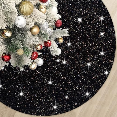 FUHSY Black Tree Skirt Christmas 118 cm Velvet Tree Skirt Sequin tree Mat Elegant Sequence Tree Mat Kits Shiny Xmas Skirts Tree Decoration for Merry Christmas Holiday Halloween Tree Skirts