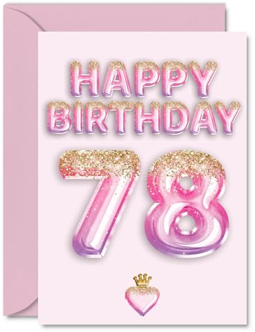 78th Birthday Cards for Women and Men, Pink & Purple Glitter Balloons | Happy Birthday Card for 78 Year Old Man Woman Brother Auntie Uncle Grandad, A5 Bday Greeting Cards