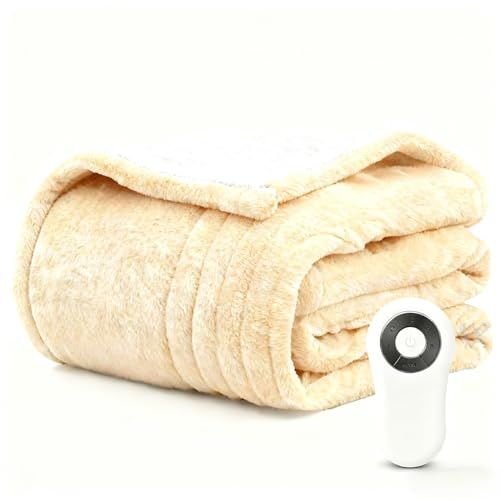 Warm Storm Electric Heated Blanket, 155X210CM,5 Heat Settings, Fast Heating, CE Certified, Flannel Sherpa Electric Blanket for Bed, Sofa, Office, Machine Washable (Beige)