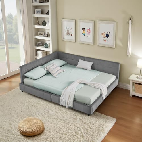 HAINEW Polsterbett Sofabett 140×200cm mit Ecke Rückenlehne, Samt Doppelbett Gepolstertes Bettgestell mit Lattenrost, Ohne Matratze, HNDE2511101 (Grau, 140×200cm)