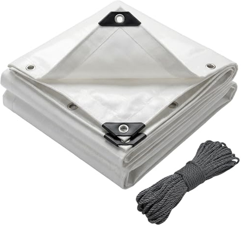 VOUNOT® Lona Impermeable Exterior 6x8m, Toldo Reforzado PE 180 g/m² Protección contra UV, con Ojales de Acero Inoxidable y Cuerda, para Leña, Muebles, Jardín, Piscinia, Vehículos, Blanco