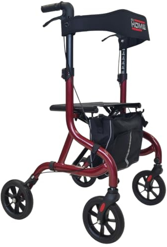 abc HOME Ultra-Leichtgewicht Rollator 6 kg – Aluminium Gehwagen klappbar bis 130 kg – Reise-Rollator mit Ankipphilfe, Sitz & Tasche – 5-fach höhenverstellbar – Schwarz (Selbstbewusstes Rot)