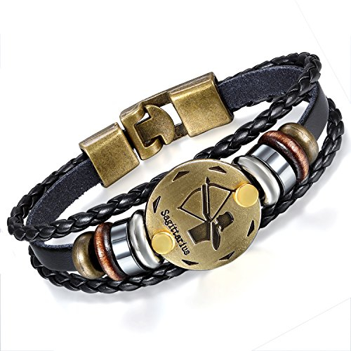 Flongo Lederarmband Horoskop Armband Damen Armkette Herren Armreif, Leder-Armband Armreif Manschette Manschettenknopf Schwarz Gold Golden Horoskop Tierkreis Sternzeichen Sternbild Schütze
