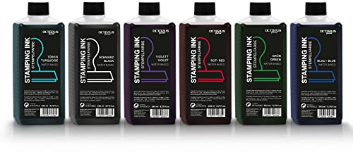 Octopus Stempeltinten 6x 250 ml für Stempelkissen und Selbstfärber ohne Öl, Set mit Schwarz, Blau, Grün, Rot, Violett, Türkis