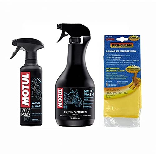 Kit de nettoyage pour moto scooter Motul E1 Wash & Wax + E2 Moto Wash + microfibre Pro-Clean