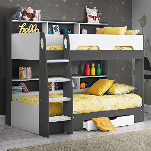 Happy Beds Wooden Bunk Bed with Underbed Storage Drawer, Orion Grey and White Wood Modern Twin Sleeper - 3ft Single (90 x 190 cm) Frame Only