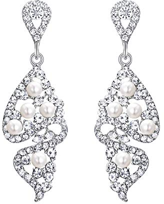 EVER FAITH Damen Kristall Simulierte Perle Hochzeit Braut Hohl Kronleuchter Ohrringe Klar Silber-Ton