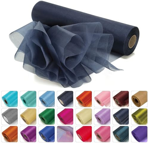 WedDecor 25m x 29cm Snow Sheer Organza Rolls Glitter Fabric for Table Runner Sashes Wedding Decoration, Chair Cover Bows, Table Back Drop, Ribbon Crafting Supplies, Navy Blue