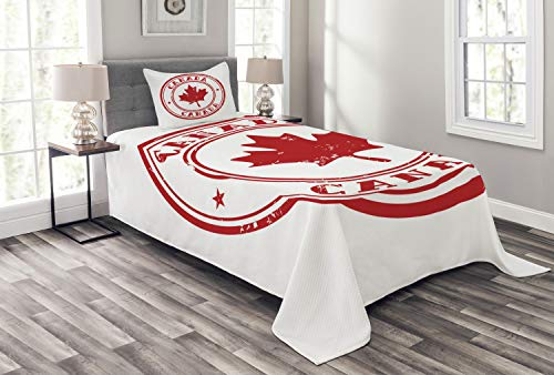 ABAKUHAUS Kanada Tagesdecke Set, Gummi-Stempel-Entwurf, Set mit Kissenbezügen Waschbar, für Einzelbetten 170 x 220 cm, Weiß Rubin