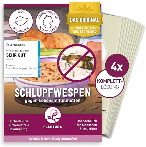 Plantura Schlupfwespen gegen Lebensmittelmotten, 12 Karten | 4 Karten à 3 Lieferungen, Komplett-Lösung, Hochwirksame & biologische Bekämpfung, Alternative zu Mottenkugeln
