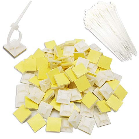 200 Pieces/100 Sets Cable Ties Adheasive Mounts,100 mm x 35 mm White Nylon Zip Tie with Self Adhesive Tie Wraps Base Holder Sticky Pads Cable Organizer for Home Office Garage and Workshop