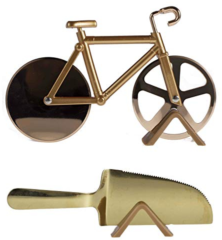 Cortador de pizza 2 en 1 con forma de bicicleta de pizza profesional de acero inoxidable con pala de pizza, mejor rebanadora de pizza/tarta, tabla de cortar diseño ergonómico mango antideslizante