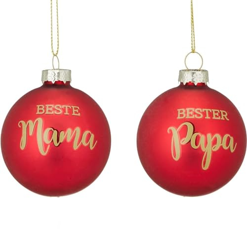 MC Trend 2er Set Weihnachtskugeln mit Goldener Schrift „Beste Mama“ & „Bester Papa“ in Rot Ø ca. 6 cm Kugeln aus Glas für Christbaum Weihnachtsbaum Weihnachten Dekoration