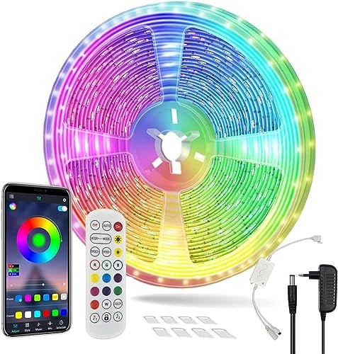 Aitesuo LED Strip 7.5m, RGB LED Streifen mit App-Steuerung und Fernbedienung, Dimmbar Bluetooth Leiste, Musik Sync, LED Band Selbstklebend, Farbwechsel Lichterkette für Zimmer, Party, Gaming Deko