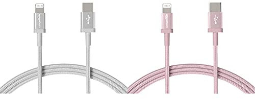 Amazon Basics Câble USB-C vers Lightning en nylon tressé, chargeur certifié MFi pour iPhone - doré rose, 1,82 m & Câble USB-C vers Lightning en nylon tressé - argenté, 1,82 m