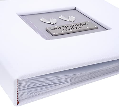 Wunderschönes Fotoalbum für Zwillinge (neutral), weiches Taubengraues Design auf weißem Leinenstoff-Album (Geschenkkarton für Fotos à 100 cm) mit liniertem Nachrichtenbereich