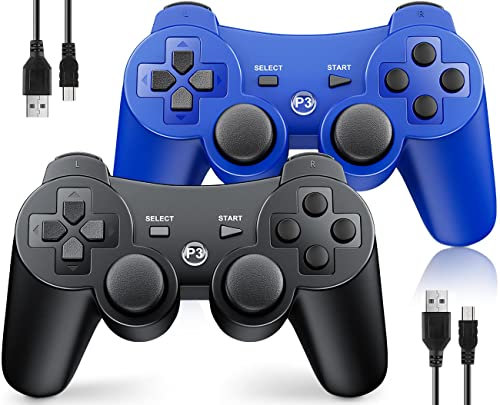 OKHAHA Lot de 2 manettes sans fil pour Sony Playstation 3 PS3, télécommande pour PS3, double vibration Shock 3, détecteur de mouvement, joysticks améliorés, 2 câbles de charge, noir et bleu