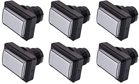 Lot de 6 Boutons de Jeu Arcade Lumineux Rectangle Grand Format Collerette Noire Couleur: Blanc Retro Gaming Bartop Jeux Vidéo