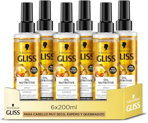 Gliss - Acondicionador Bifásico Sin Aclarado Express para pelo muy seco, castigado o quebradizo – Oil Nutritive - 6uds de 200ml (1.200ml) - Gama Nutrición