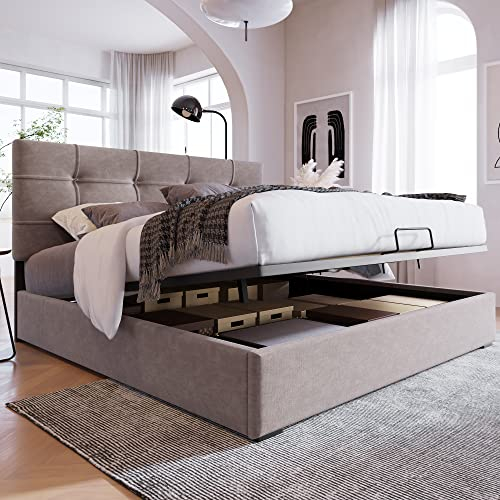 Polsterbett 140 x 200cm, Hydraulisch Doppelbett mit Lattenrost & Bettkasten, Funktionsbett mit Verstellbares Kopfteil, Samt Modernes Bettgestell, für Erwachsene&Jugendliche, ohne Matratze, Hellgrau