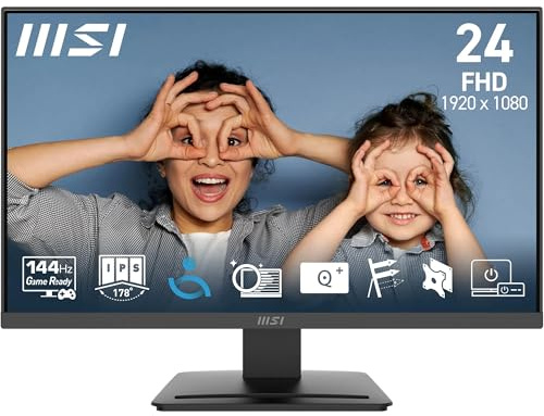 MSI PRO MP243L E14 24-Inch Computer Monitor, 1920x1080 FHD, IPS, 144Hz, 1ms, HDR Ready, AMD FreeSync, Eye Care, HDMI 2.0, Frame-Less, Tilt Adjustable, Vesa Mount, Black