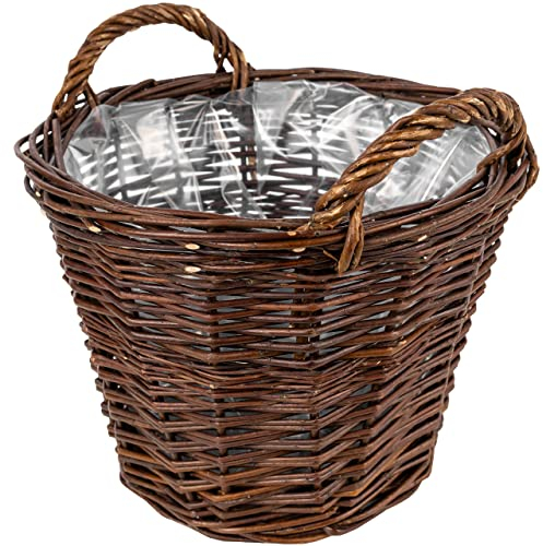 Creative Home Pot de Fleurs en Osier Foncé | Hauteur 30 cm | Tissé à la Main | Protection Plastique Intérieur | Pot de Fleurs Rangement | Pot de Fleurs avec Poignées | Cache-Pot