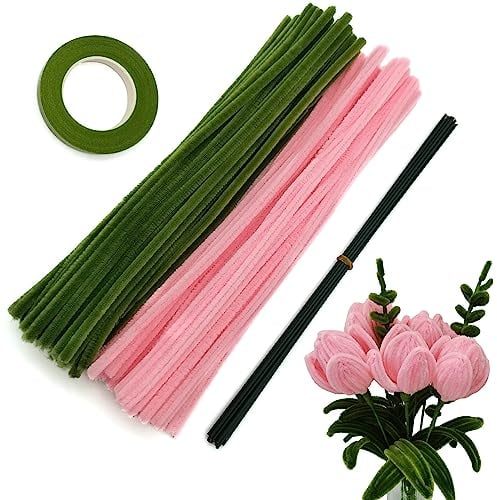 Cldamecy Pfeifenreiniger-Set mit floralen Drähten und Gartenband, Chenille-Stiel, Pfeifenreiniger für Tulpenstrauß, Kinder-Bastelprojekte und Dekorationen, 200 Stück