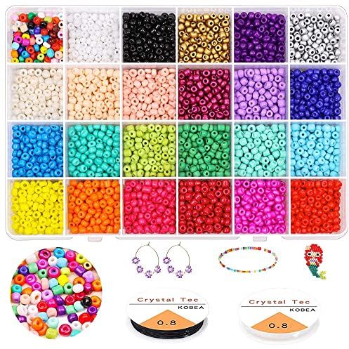Yholin 4mm Rocailles Perlen Set zum Auffädeln, 4800 Stück 6/0 Kleine Glasperlen Set Bunte Pony Armbänder Perlen mit Kristallschnur für DIY Armband Halsketten Basteln Schmuckherstellung