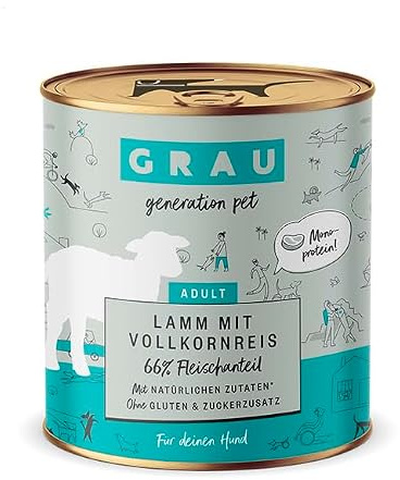 GRAU – das Original – Nassfutter für Hunde - Lamm mit Vollkornreis, 6er Pack (6 x 800 g), Monoprotein, glutenfrei, für erwachsene Hunde