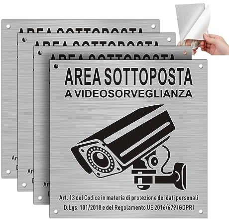 DAOUZL Cartello Area Videosorvegliata, 4 PCS Cartello Videosorveglianza con Adesivo e Fori Preforati, 15x15cm Cartello Area Videosorvegliata a Norma GDPR, Cartello Videosorveglianza Adesivo