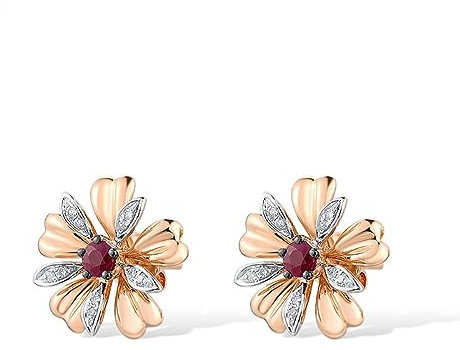 DTREEL Damen Ohrringe 14K 585 Rose Gold Ohrringe Damen Glamour Rubin Blume Ohrstecker Elegant Damen Party Schmuck
