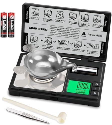 GRAM PRES Hochpräzise Milligramm-Waage, 50g/0.001g Digitale Mini-Taschen-Gramm-Waage, Mg-Waage zum Wiegen von Pulvern, Schmuck, Medizin, Wiederladen, mit Cal-Gewicht, Pinzette ,Tray und Schaufel