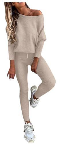 Damen Trainingsanzug Hausanzug Set Jogginganzug Sportanzug Freizeitanzug Zweiteiler Tracksuit Sweatshirt und Hose Casual Einfarbig Outfit Lässiger Freizeitanzug Sweatshirts 2-Teiliges (Khaki, M)