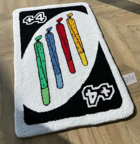 Uno Card Teppich, Regenbogen, umgekehrte Fußmatte, rutschfeste Bodendekoration, dick, für Schlafzimmer, Badezimmer, Nachttisch, rechteckig, Tufting, flauschige Teppiche (80 x 120 cm, schwarz)