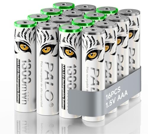 Mspalocell Batteria al litio AAA 1,5 V 1300 mWh, stampa Tiger e con luce di ricarica, batterie AAA ricaricabili a bassa autoscarica da 1500 cicli, confezione da 16 batterie con scatola batteria