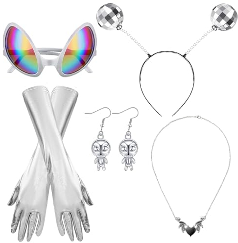 Sunwuun 5 Stück Alien Kostüm Damen Karneval,Space Girl Kostüm Damen,Alien Haarreif Handschuhe Brille Silber Halsketten Alien Ohrstecker,Karneval Partybrille Für Halloween Cosplay Maskerade (Silber-1)
