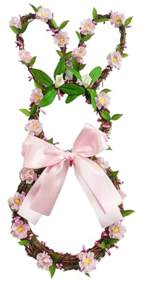 EXQUILEG Türkranz Hase mit Schleife und Blume, Osterhase Kranz für Haustür Wand Dekoration,Osterdeko (Rosa)