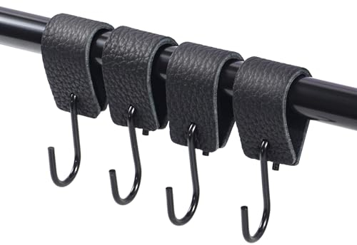 Feligio S Haken mit Lederschlaufe, Schwarze Haken Zum Einhängen Für Küche Bad Kleiderschrank, Küchenhaken, Metallhaken, Lederhaken (4 Stück)