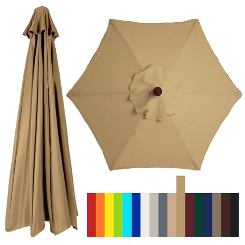 Toile de Rechange pour Parasol de Jardin 2.0M 2.5M 2.7M 3.0M Auvent de Remplacement 6 Baleines Housse de Rechange pour Parasol de Terrasse Plage Table de Marché Anti-UV Tissu(Khaki,2.5M/8.2ft)