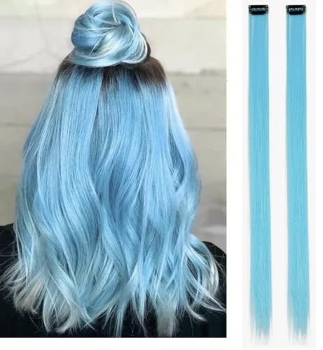 2 x Clip-In Hair Extension Highlights Streaks, Colourful Hair Highlights (Pale Light Blue)