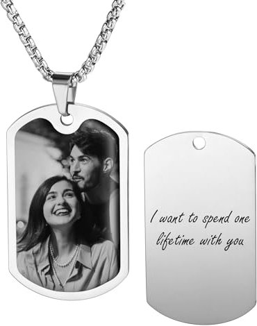 MeMeDIY Personalisierte Halskette mit Foto Anhänger Gravur Name/Datum/Text für Männer Frauen Gedenkkette Edelstahlschmuck Geschenk für den Freund -D2