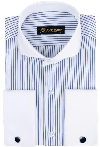 Jack Martin Men's Double Cuff Formal Shirts with Cutaway Collar | Cufflinks Included | Luxe Long Sleeve Button-Up Dress Shirt for Men, Navy Stripe M