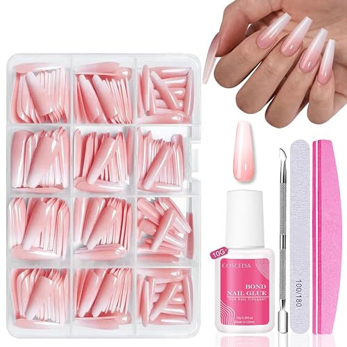 Nagel Tips Set - 240 Stück Französisch Falsche Nägel Zum Aufkleben - Weiß Rosa Gradient Design Künstliche Nägel Tips Full Cover Fake Nails Nail Art Manicure für Damen und Frauen (Rosa Lange Ballerina)