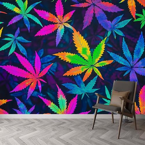 3D Panoramic Custom Wallpaper Mural, 300x210cm (WxH) Wall Poster Neon Style Plant Marijuana Leaves Wallpaper 3D Effect, Neon Art Decoration for Bedroom Corridor