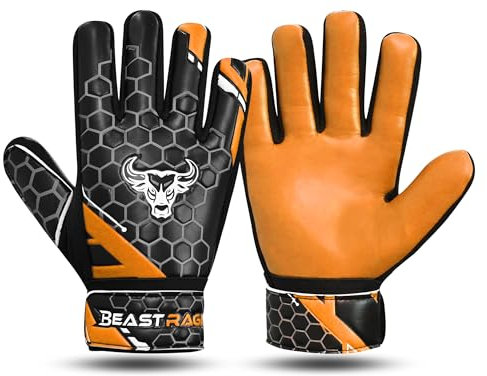 BEAST RAGE Fußball-Torwarthandschuhe für Jungen und Kinder, Jugendliche, Fußball-Torwarthandschuhe mit starkem Halt für die härtesten Einsparungen, Handgelenkstütze, 4 mm Latex-Handfläche (Orange,