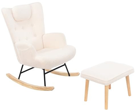 Générique Fauteuil à Bascule,Chaise à Bascule avec Pieds en Bois Massif Repose Pieds épais, Fauteuil à Accoudoirs avec Base en Bois pour Salon/Chambre/Balcon-avec Tabouret