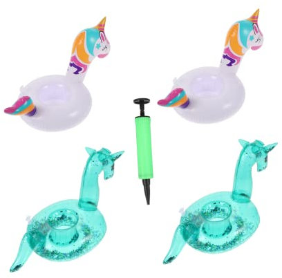 VICASKY 4piezas Posavasos Inflables para Copas con Inflador Soporte Flotante para Bebidas Piscinas y Fiestas Diseño De Unicornio y Caballo para Eventos Tropicales