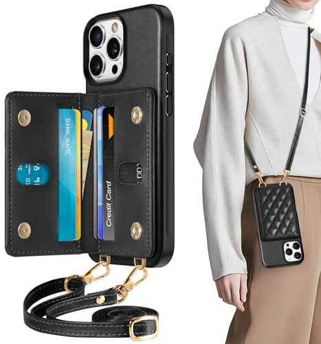 TUCCH Case for iPhone 16 Pro Max (6.9) 2024 with Adjustable Strap, Wallet Case[6 Card Slots][RFID Blocking][Detachable Crossbody Lanyard][Magnetic Closure] Shockproof PU Leather Cover, Argyle Black