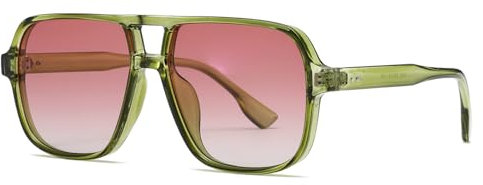 Long Keeper Occhiali da Sole Pilot Vintage Occhiali da Sole Quadrati da Donna Uomo Occhiali Doppio Ponte Retrò Occhiali da Guida Pilota UV400 (Montatura Verde - Lente Rosa Sfumato)